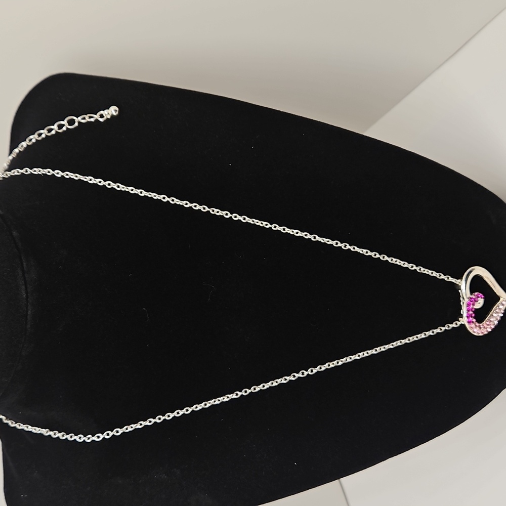 Heart Pendant Necklace Hot Sapphire Pink Rhinestones Crystals Silver Tone